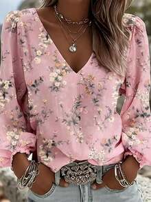 Plus Size Pink Floral V-Neck Long Lantern Sleeve Women's Top, Fashionable Autumn Blouse - Pink - View 7