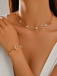 2pcs/Set Women's Jewelry Set With Necklace And Bracelet, Elegant Faux Pearl And Geometric Oval Chain With OT Clasp, Fashionable Daily Wear Jewelry For Commuting, Dating, Traveling, Shopping And Parties - Multicolor - View 1