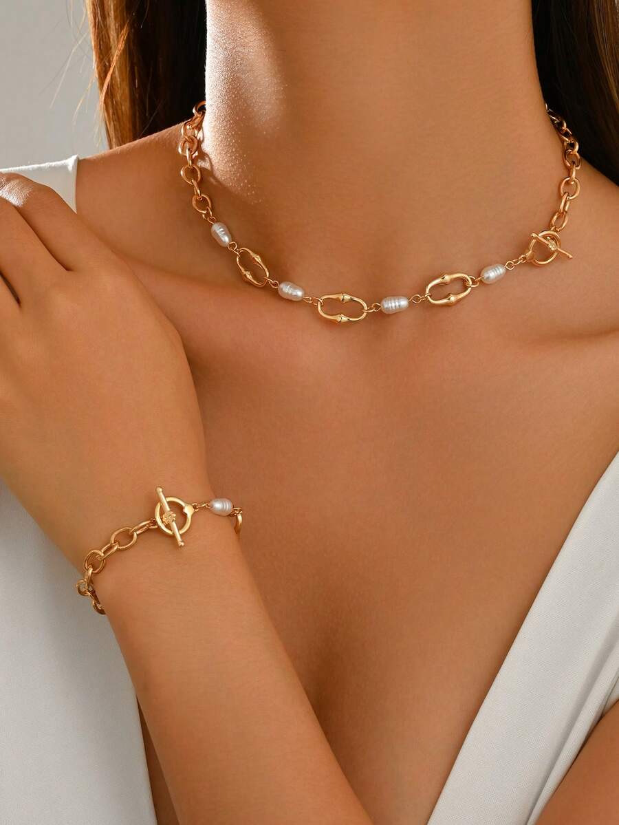 2pcs/Set Women's Jewelry Set With Necklace And Bracelet, Elegant Faux Pearl And Geometric Oval Chain With OT Clasp, Fashionable Daily Wear Jewelry For Commuting, Dating, Traveling, Shopping And Parties - Multicolor - View 1