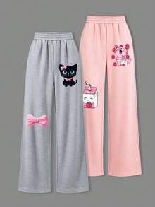 2pcs Girls Straight Leg Casual Sports Pants, Cute Cat, Bow And Milk Pattern, Comfortable Autumn/Winter New Fashion Long Pants - Multicolor - View 2