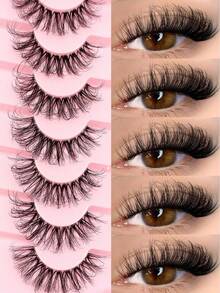 7 Pairs Cartoon Style False Eyelashes, Reusable, Transparent Stem, Faux Mink Fur, Natural Fluffy Criss-Cross Tail, Thin Dense Lengthening False Eyelashes - Black - View 1