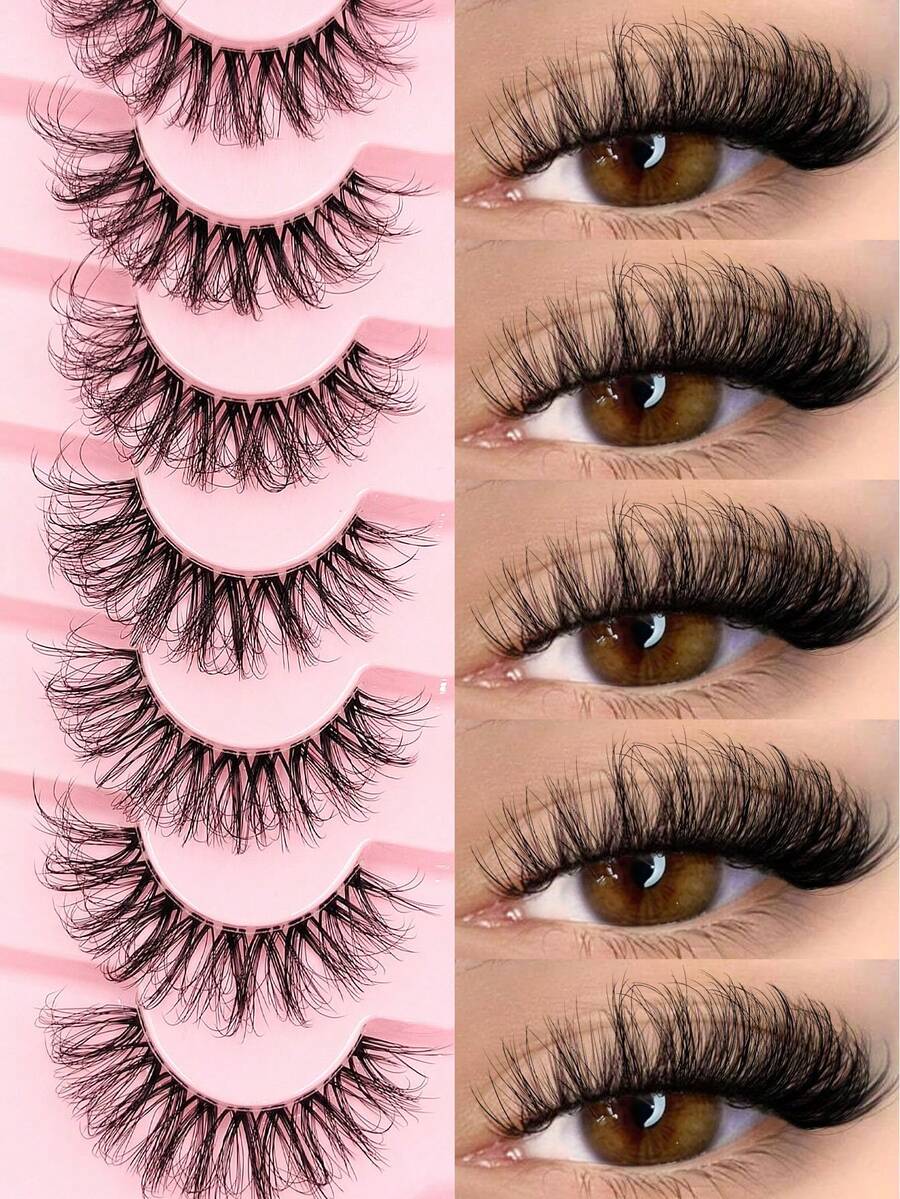 7 Pairs Cartoon Style False Eyelashes, Reusable, Transparent Stem, Faux Mink Fur, Natural Fluffy Criss-Cross Tail, Thin Dense Lengthening False Eyelashes - Black - View 1