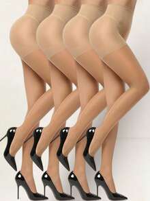 4Pairs Women's Nude Sheer Control Top Pantyhose, High Waist Stretch Slimming Tights, Smooth Semi-Sheer Stockings For Office & Daily Wear - Apricot - View 12