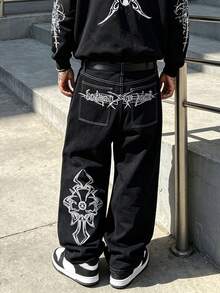 Men's Gothic Style Embroidered Loose Wide Leg Black Denim Jeans Street Casual Long Pants - Black - View 4