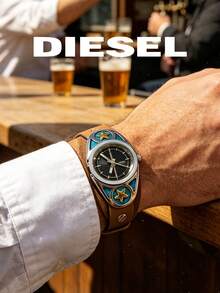 DIESEL Vintage Distressed Watch With Turquoise Star Decor, Brown Wide Leather Strap, Unique Niche Wristwatch - Black - View 3