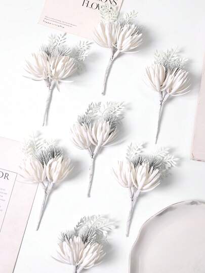 1/5pcs 5.3in Artificial Plant Silver‑White Pine Needles, For Christmas Tree Decoration, DIY Wreaths, Christmas Ornaments, Home Decor, Scene Decoration, Gift Wrapping Accessories, Vase Decor, Holiday Decor, Themed Party Decor, Table Centerpieces