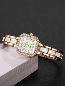 Women's Luxury Square Rhinestone Dial Quartz Watch, Elegant Small Square Wristwatch, Gift For Girlfriend (1pc/Set) Watch Box Not Included - White - View 7