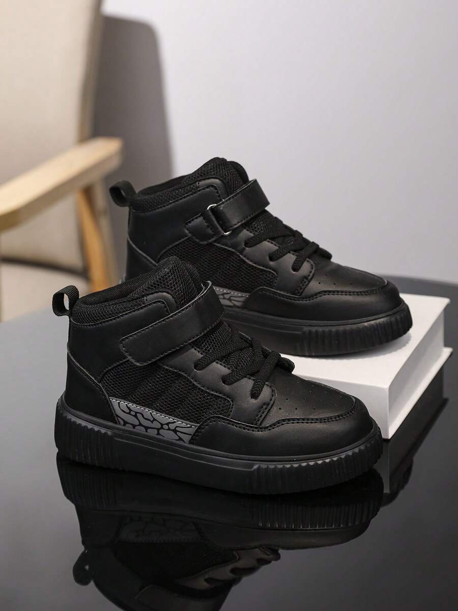 Children's High-Top Sports Skate Shoes, Fashionable Versatile Hook-And-Loop Closure Design, Comfortable Skateboard Shoes For Kids, Stylish Student Versatile Campus Shoes, Reflective Pattern Patchwork Casual Sports Shoes