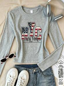 Women's Pure Cotton Long-Sleeve T-Shirt Casual Letter Print Tee For Fall Winter Basic Layering Top - Grey - View 3