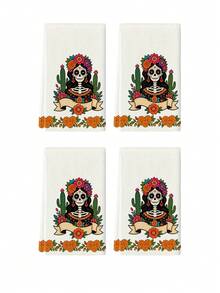 2pcs/4pcs Day Of The Dead Sugar Skull Girl Print Kitchen Towels, Floral Cactus Pattern Dish Cloths, Multi-Purpose Household Cleaning Rags, Holiday Decor Practical Gift - Multicolor - View 10