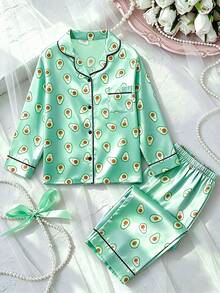 Tween Girl Green Avocado Long Sleeve Top & Long Pants Pajama 2-Piece Set - Multicolor - View 7
