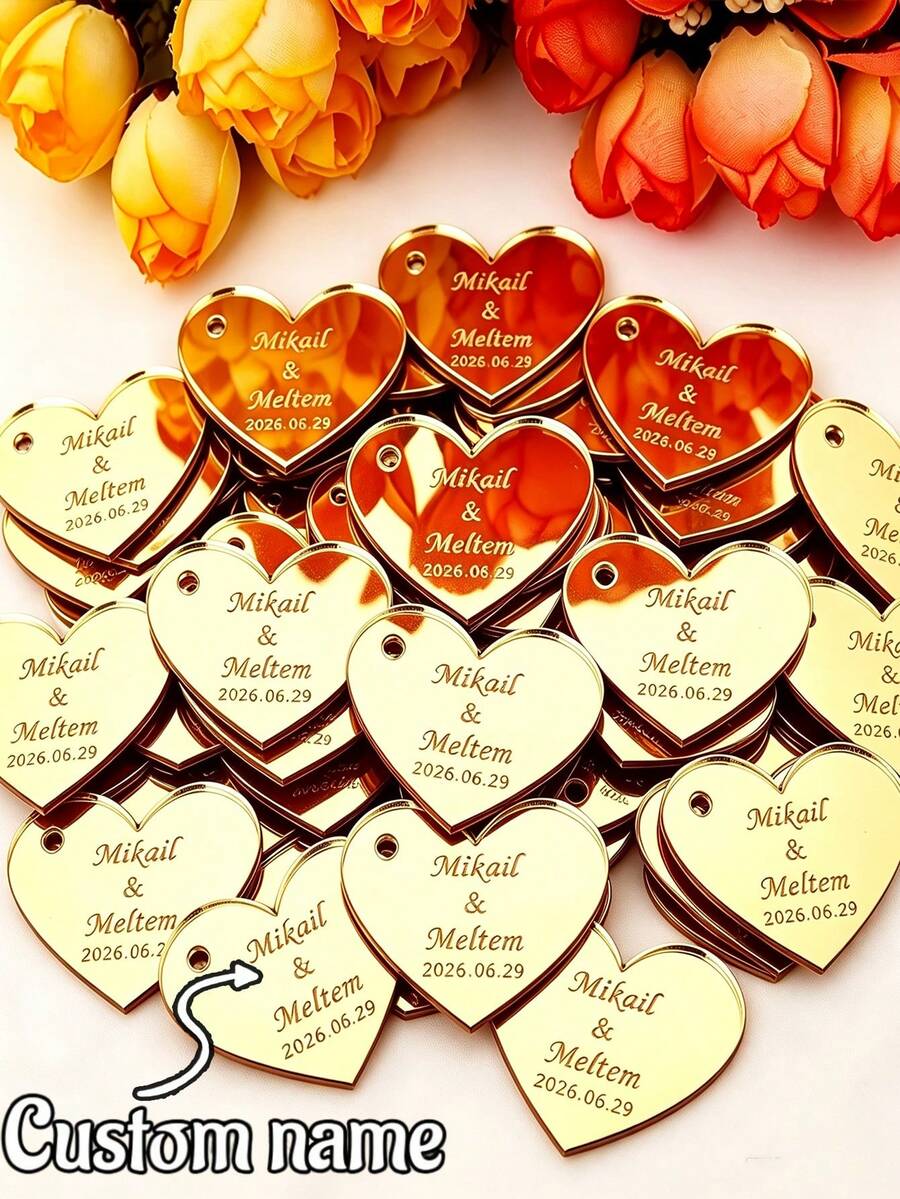 Custom Heart-Shaped Tags: Personalized Acrylic Mirror Wedding Gifts, Personalized Acrylic Heart-Shaped Mirror Wedding & Engagement Keepsake Tags, Custom Acrylic Name Gift Tags - Multicolor - View 1
