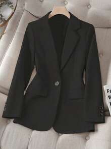 Plus Size Women's Solid Color Turn-Down Collar Long Sleeve Single-Breasted Casual/Business Blazer Jacket, Autumn - Black - View 2