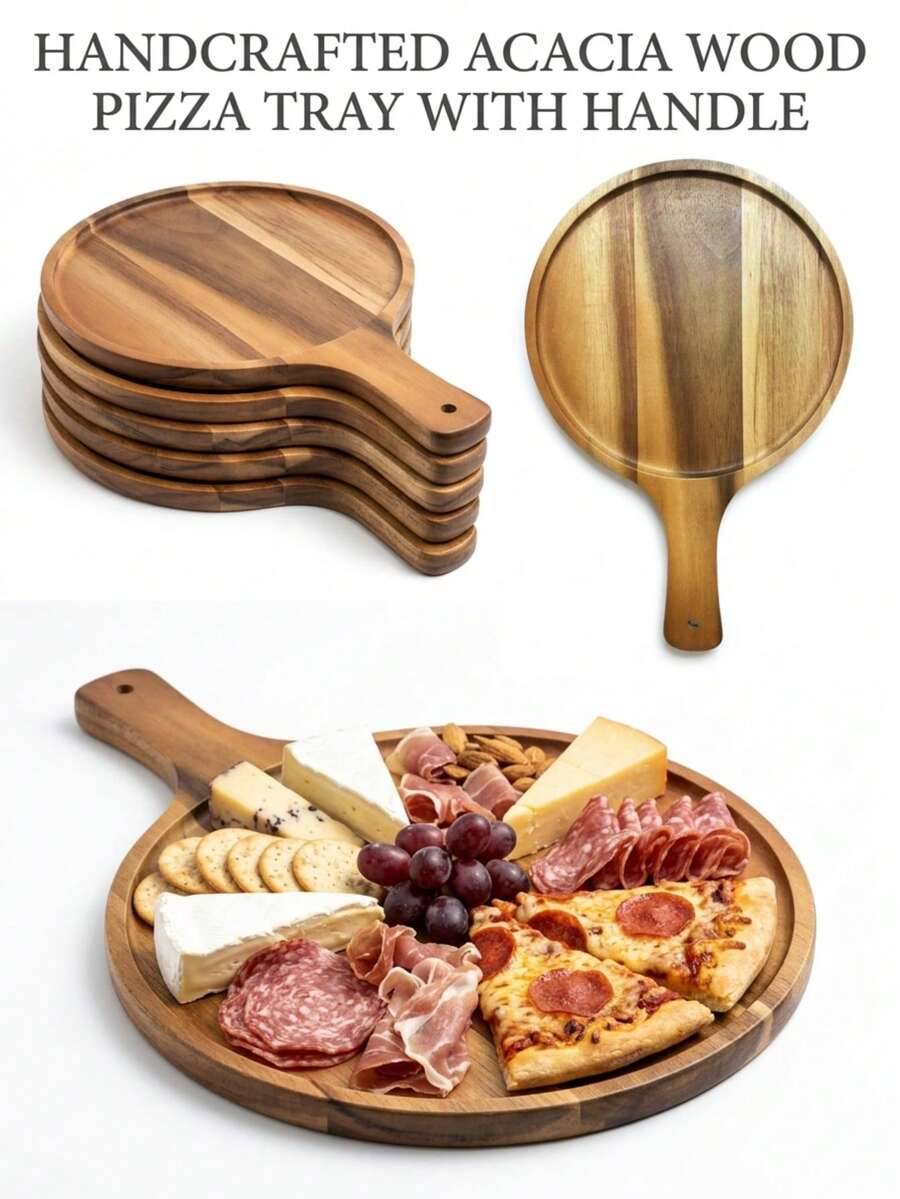 1pc High-Quality Pizza Tray With Handle And Cutting Board Surface, Suitable For Homemade Pizza, Kitchen Prep, Steak Serving And Restaurant Plating, Exclusive Tray For Christmas, Halloween And Back To School Season