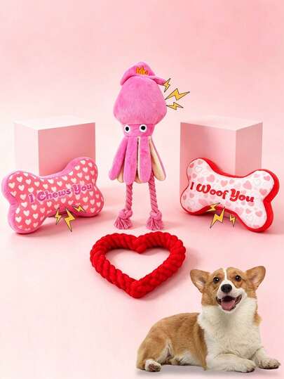 Happy Little Dog 4pcs Dog Squeaky Toys, Pink Plush Squid And Heart/Bone Shaped Chew Toys With Hard Rope, Interactive Toys For Small/Medium/Large Dogs, Pet Supplies Holiday Gift, Birthday Gift