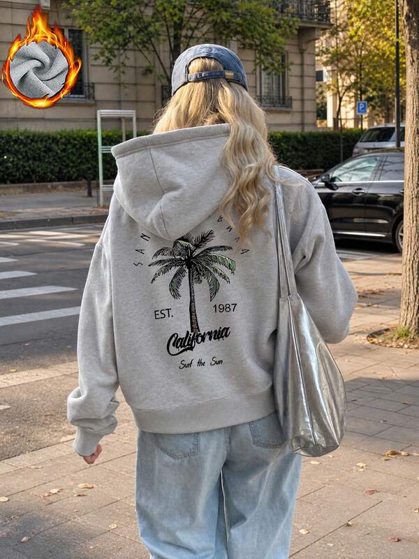 ZZG Es Trus, Autumn And Winter Plus Size Women's "Coconut Tree, Palm Leaves" Pattern Printed Street Korean Edition Retro Comfortable Y2k Clothing Grey Hoodie