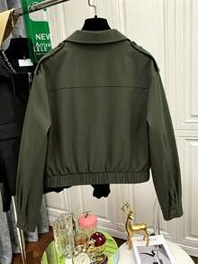 Women's Elegant Vintage Fashion Double Pocket Button Design Solid Color Versatile Short Jacket Coat Spring Autumn Casual Daily Wear Woven Fabric Button Pocket Holiday Vacation Travel - Army Green - View 3