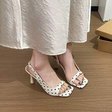 White Polka Dot Square Toe Slingback Heels - Sweet Elegant Summer Open Toe Mules For Tea Party, Wedding Guest & Afternoon Stroll - White - View 3