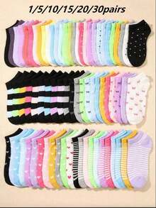 30 Pairs Women's Short Socks: Candy Color, Lace Bow, Heart Pattern, Striped Design, Soft And Comfortable, Casual And Versatile, Suitable For Students' Daily Wear, Can Be Randomly Matched With Different Styles And Colors - Multicolor - View 5