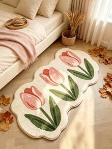 1pc Minimalist Sweet Bedroom Decor Bedside Rug, Fresh Floral Living Room Sofa Long Strip Rug, Ins Style Bay Window Leisure Plush Rug, Asymmetrical Shape Fluffy Soft Home Vanity Rug, Decorative Rug, Bedroom Decor, Small Rug, Rug, Home Decor, Living Room Rug, Living Room Small Rug, Bedroom Rug, Living Room Home Decor, Outdoor Rug - Multicolor - View 2