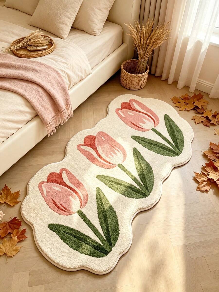1pc Minimalist Sweet Bedroom Decor Bedside Rug, Fresh Floral Living Room Sofa Long Strip Rug, Ins Style Bay Window Leisure Plush Rug, Asymmetrical Shape Fluffy Soft Home Vanity Rug, Decorative Rug, Bedroom Decor, Small Rug, Rug, Home Decor, Living Room Rug, Living Room Small Rug, Bedroom Rug, Living Room Home Decor, Outdoor Rug