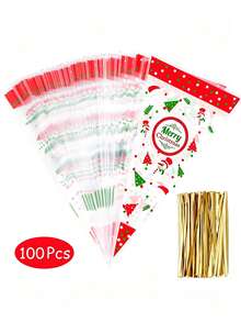 100 Christmas Cone Bags Featuring Snowman And Christmas Tree Designs, Including Cellophane And Ribbon, Perfect For Party Gifts And Holiday Packaging - Multicolor - View 2