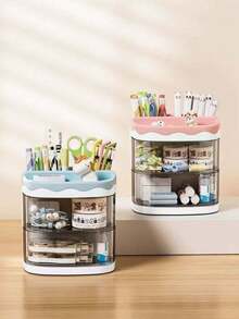 Wavy Layered Desktop Organizer, Wavy Edge High Aesthetic, Desktop Storage & Decoration 2-In-1, Double Layer Transparent Drawer, Partitioned Storage No Clutter, Pen Holder + Storage Drawer Integrated, Stationery & Makeup Universal, Macaron Three Colors Optional, Student / Vanity Dual Use, Rounded Corners Anti-Collision, Thickened Durable Easy To Clean - Multicolor - View 6