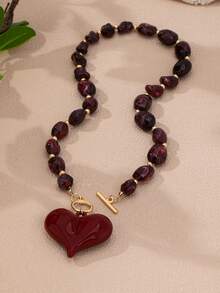 1/3Pcs Multi-Layer Heart Pendant Beaded Necklace, Green Burgundy White Statement Choker, Vintage Bohemian Jewelry For Women - Multicolor - View 3