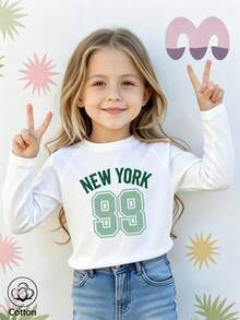 Girls Cotton Raglan Long Sleeve T-Shirt For Fall Winter, Green New York 99 Print, Sporty Cute Sweet Preppy Style - White - View 2
