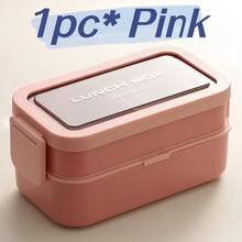 1pc Double-Layer Portable Lunch Box, Microwave ; Large Capacity Stackable Lunch Box, 1350ml; Includes Fork And Spoon Set; Pink Color - Multicolor - View 12