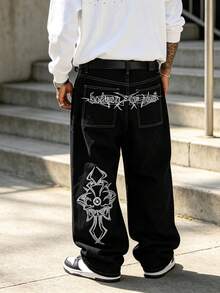 Men's Gothic Style Embroidered Loose Wide Leg Black Denim Jeans Street Casual Long Pants - Black - View 3