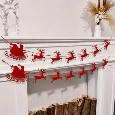 2PCS Christmas Santa Claus Sleigh Reindeer Bunting, Non-Woven Fabric Christmas Garland Hanging Banner, Fireplace Window Scene Decoration, Holiday Party Atmosphere Decor, Home Mall Store Christmas Decoration Props, Christmas Sleigh Reindeer Bunting 2-Set Combination, Made Of Red Non-Woven Fabric, Featuring Classic Christmas Elements Of Santa Claus Riding A Sleigh And Reindeer Running. Exquisite Cutting, Durable, Easy To Hang. Suitable For Decorating Fireplaces, Windowsills, Walls, Store Windows