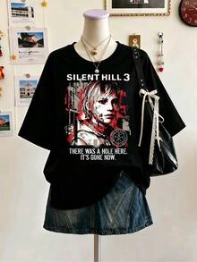Silent Hill 3 Heather Red‑Black Ruins Portrait Quote Graphic T‑Shirt, Plus Size Women Oversized Pure Cotton Gamer Fan Tee For Daily Outfit - Black - View 1