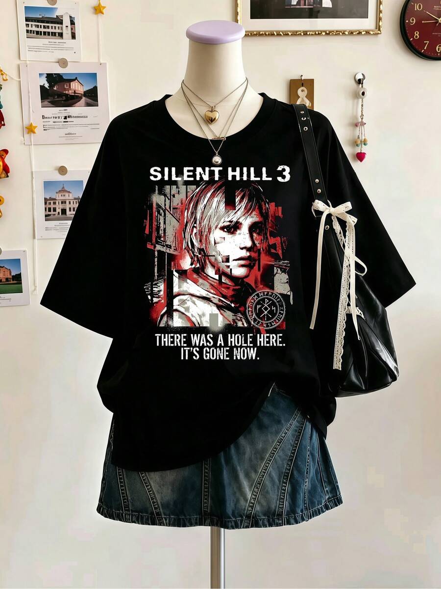 Silent Hill 3 Heather Red‑Black Ruins Portrait Quote Graphic T‑Shirt, Plus Size Women Oversized Pure Cotton Gamer Fan Tee For Daily Outfit - Black - View 1