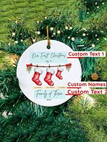 1pc Customized Name "Our First Christmas" Family Hanging Ornament, Personalized Ceramic Round Pendant, Stocking Pattern Design, Christmas Tree Decoration, Family Keepsake Christmas Gift - Multicolor - View 4
