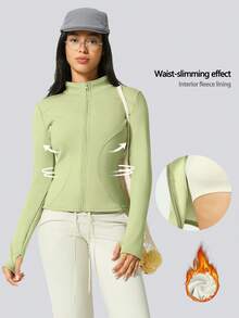 Solid Fleece Zip Up Jacket Women's Mandarin Collar Thumbhole Double Line Design Concert Birthday Gym Wear - Green - View 4