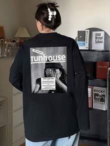 Women's Fashion Autumn/Winter Loose Minimalist Versatile Letter & Cartoon Print Long Sleeve T-Shirt Casual - Black - View 3