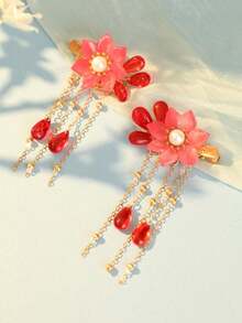 2pcs Hanfu Hair Clips With Pomegranate Flower And Tassel, Cute And Sweet Style, Gift For Women, Suitable For Daily Casual Outings And Matching - Red - View 2