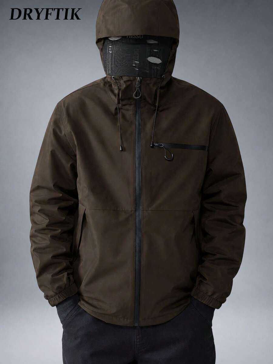 Men's Hooded Drawstring Softshell Windbreaker Jacket, Sports Casual, Large Chest Pocket With Zipper, Dual Side Pockets With Zipper, Storage, Suitable For Daily Wear, Versatile Bestseller Jacket