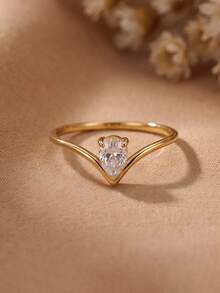 1pc Stainless Steel 18K Gold Plated Rhinestone Ring, Waterproof And Fade-Resistant, Suitable For Women's Daily Wear - Gold - View 1