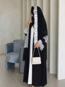 Hafizah Black Contrast Lace Trim Patchwork Long Sleeve Robe For Women, Stand Collar Waist-Cinching Slimming Elegant Long Dress, Formal Occasions Fall - Black - View 2