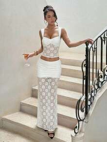 Lady's Two Pieces Set,A Lace-Embroidered Top And Skirt Ensemble,White Top,Suitable For Weddings, Parties,Dates,Cocktail Parties,Fallfashion,Halloween - White - View 2