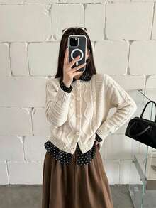 Women's 2-In-1 Vintage Polka Dot Cardigan Jacket, Autumn/Winter New Cable Knit Sweater, Slim Fit Sweet & Cool Top - Apricot - View 2