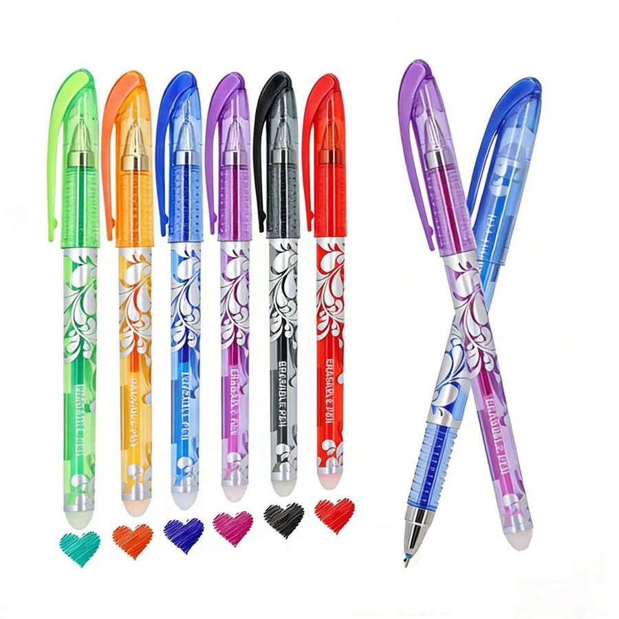 18-delars set med färgglada raderbara pennor (inkluderar 6 pennor + 12 refills), 0,5 mm fin spets, inbyggt suddgummi, perfekt för anteckningar och skrivande, färgglada gelpennor, kontors- och skolmaterial - Blåvitt mönster - Visa 1