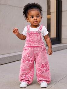 Baby Girl Y2K Denim Overalls, Infant Toddler Pink Stars Washed Baggy Jeans Jumpsuit, All Season Cute Bib Pants Playsuit For 6 Months To 3 Years - Pink - View 7