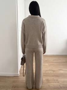 Fashionable Minimalist Women's Ribbed Knit Pullover Wool Sweater & Wool Wide Leg Pants Set, Comfortable Mid-Stretch Autumn/Winter Casual Warm Outfit, Oatmeal Color - Maroon - View 5