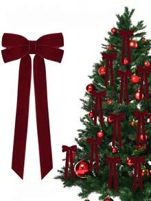 10pcs Burgundy Velvet Bows Christmas Tree Decorations, 5"X10", Suitable For Christmas Tree, Home, Room, Birthday Party, Front Door, Wedding And Other Holiday Decor, Christmas Wreath Bows, Rustic Handmade Gift Bows - Claret - View 8