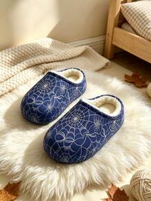 1 Pair Spider Web Pattern Fleece Slip-On Kids Shoes, Warm & Comfortable House Shoes, Suitable For Indoor & Outdoor Daily Wear - Blue - View 7