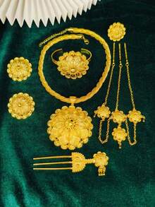 1 Necklace, 1 Bracelet, 1 Pair Of Earrings, 1 Ring, 1 Hair Fork, 1 Head Chain, Fashionable Women's Gold-Plated Leaf Pendant Jewelry Set, 6-Piece Set, Saudi Arabia, Europe, America, Middle East, Dubai, Africa, Bride, Wedding, Banquet, Date, Dress Accessories, Mother's Day, Valentine's Day, Music Festival, Birthday, Wedding Season, Graduation Season, Holiday Gift, Daily Wear Jewelry - Yellow Gold - View 2