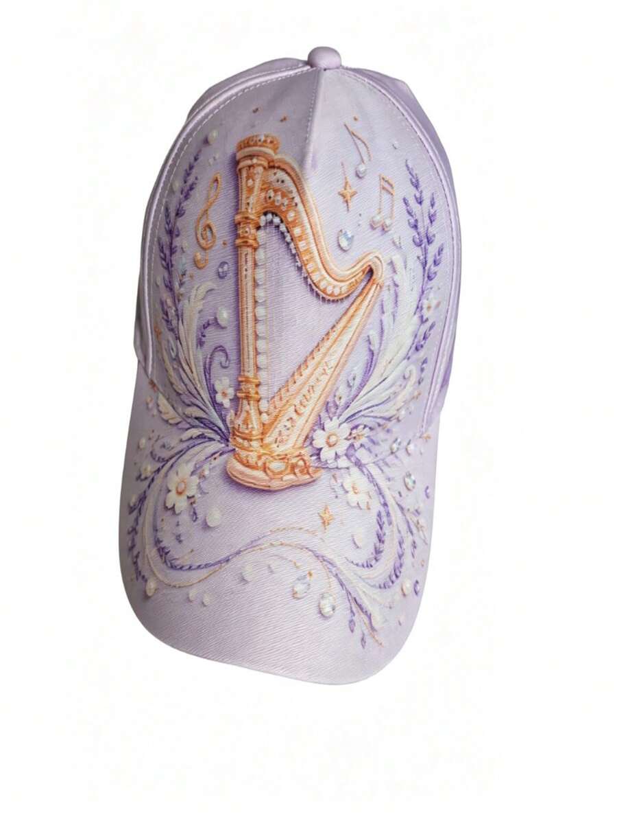 1pc Women's 3D Floral Baseball Cap, Music Theme Note Print Pearl Rhinestone Adjustable Sun Hat, Vintage Music Festival Style Baseball Cap - Multicolor - View 1